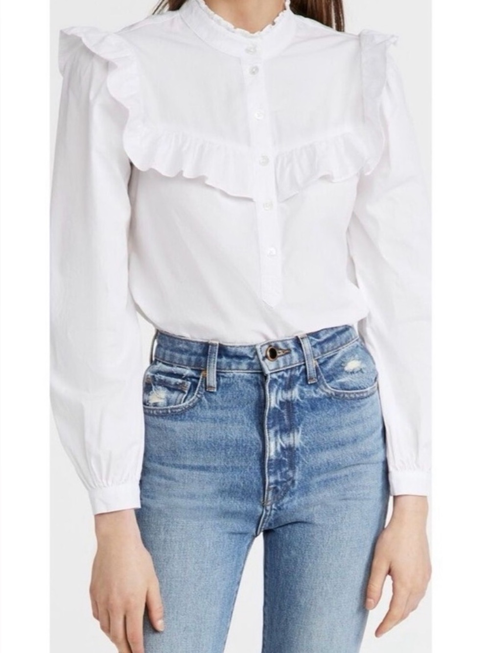 Veronica Beard White Ruffle-Trim Button-Front Blouse